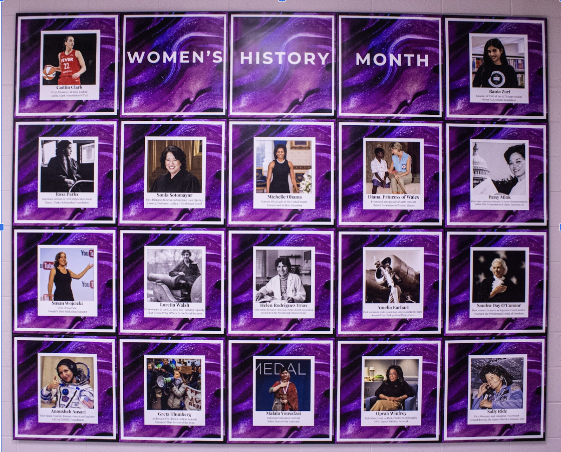 The front hallways of RMHS showing famous women for Women's History Month 
